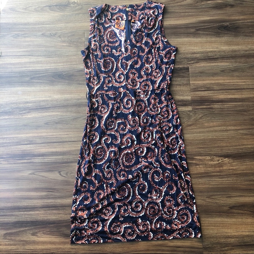 Tory Burch 100% Silk Dress Gold Large Logo zip